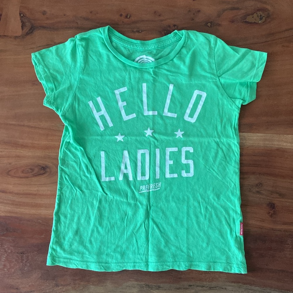 Prefresh Hello Ladies graphic tee kids green and white shirt boys 7/8